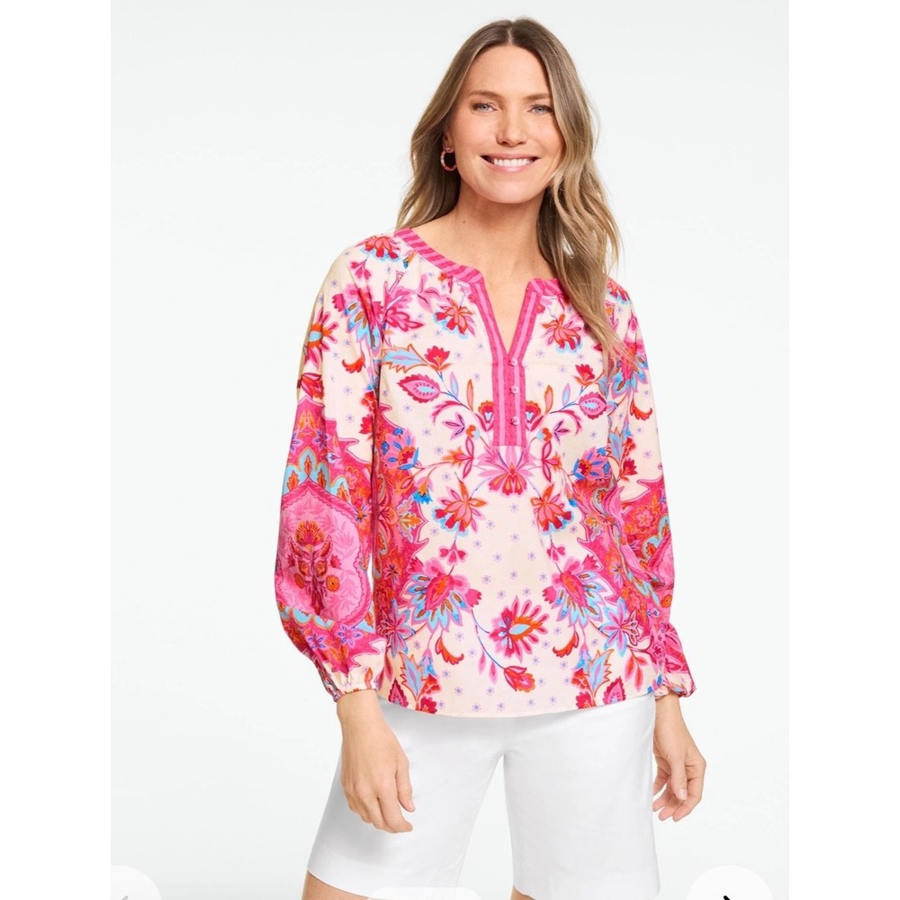 Talbots Paradise Garden Popover Blouse Petite LP Pink Multi